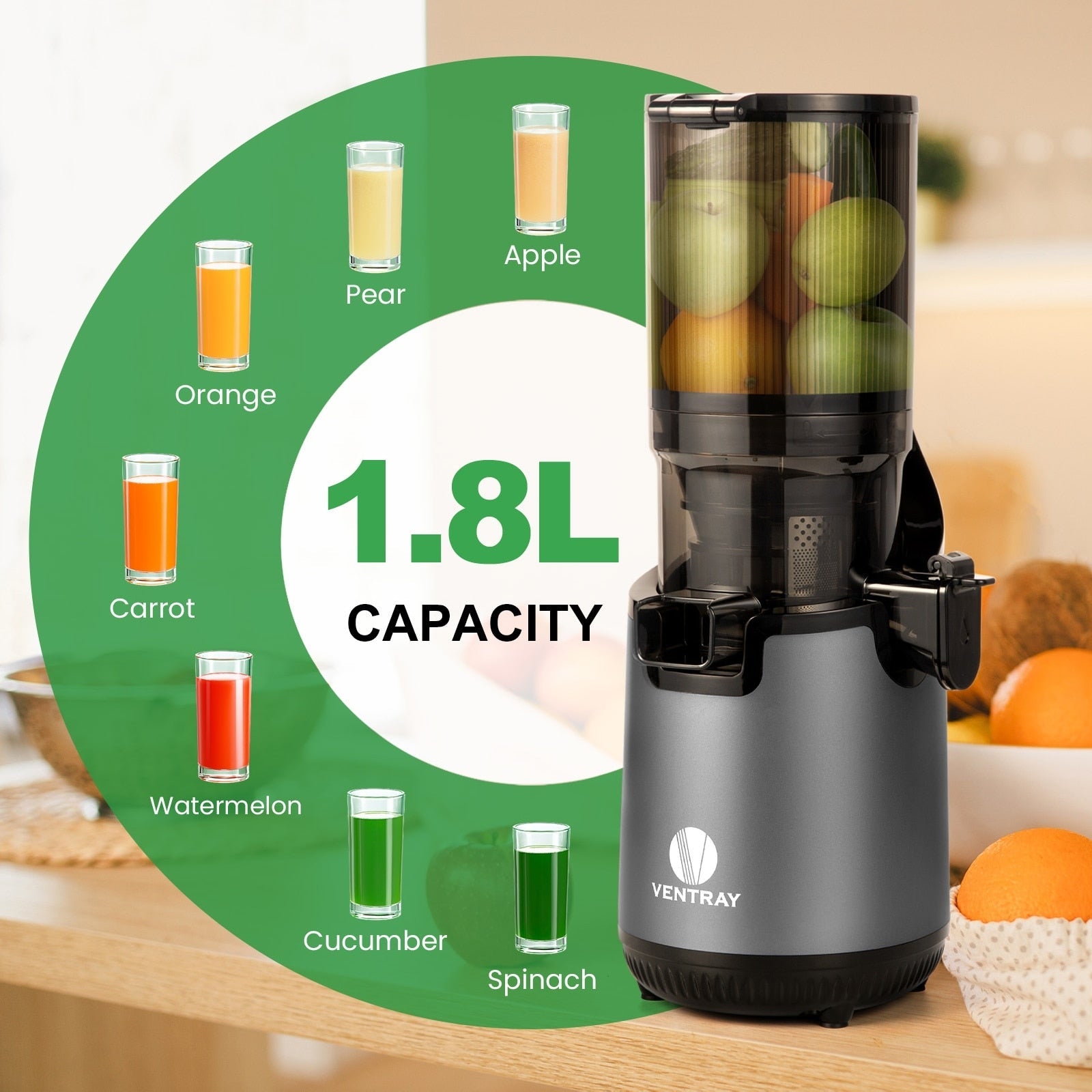 Extracteur de jus à mastication lente Ventray 900, extracteur de jus à pression à froid avec goulotte d'alimentation extra large de 5,1 pouces