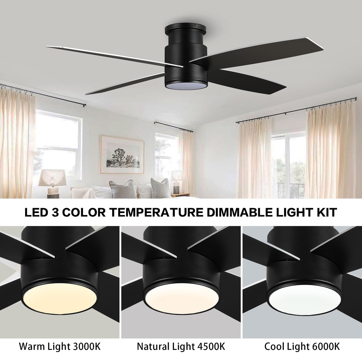 Ventilateur de plafond encastré WINGBO 44/52 pouces avec éclairage et télécommande, 4 pales réversibles