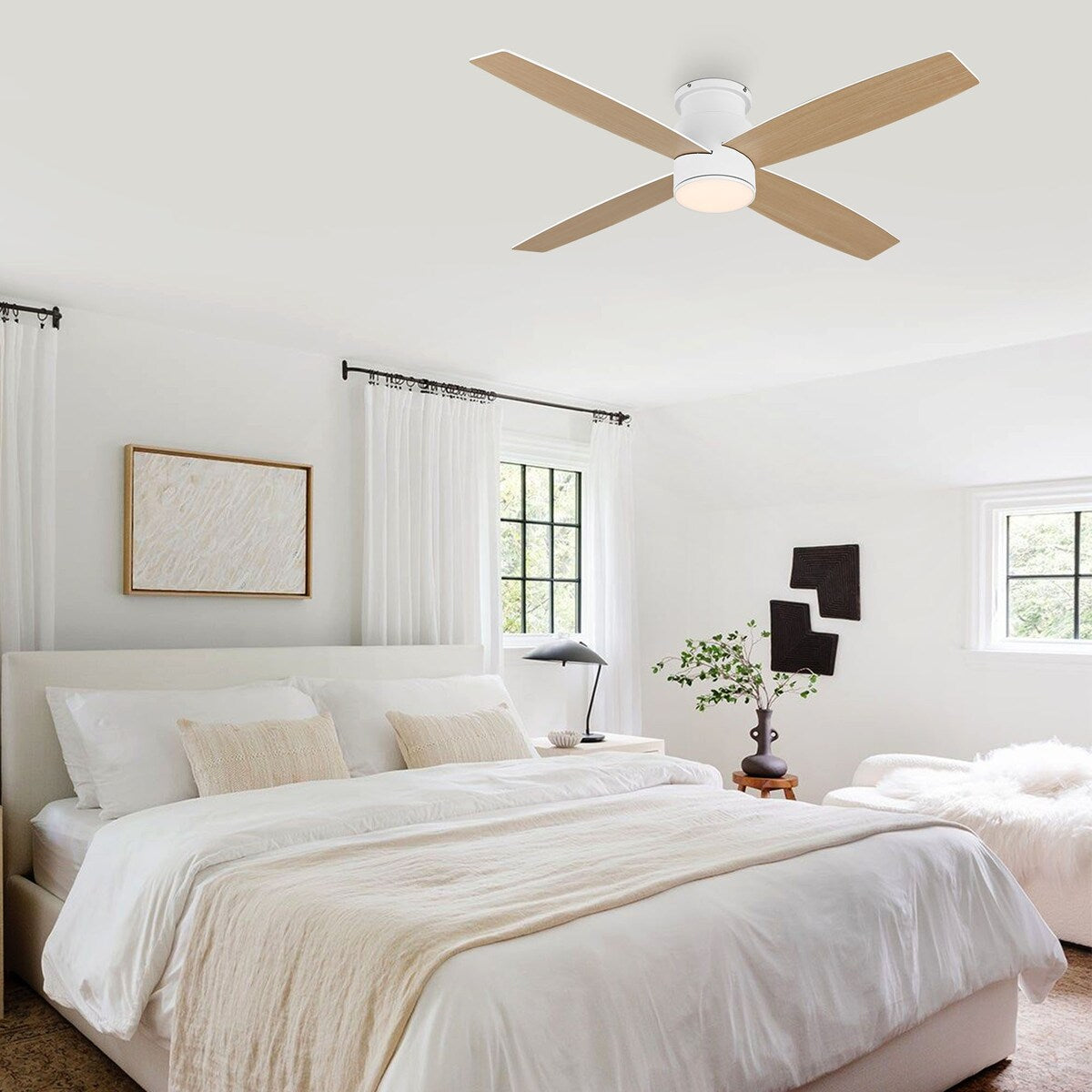 Ventilateur de plafond encastré WINGBO 44/52 pouces avec éclairage et télécommande, 4 pales réversibles