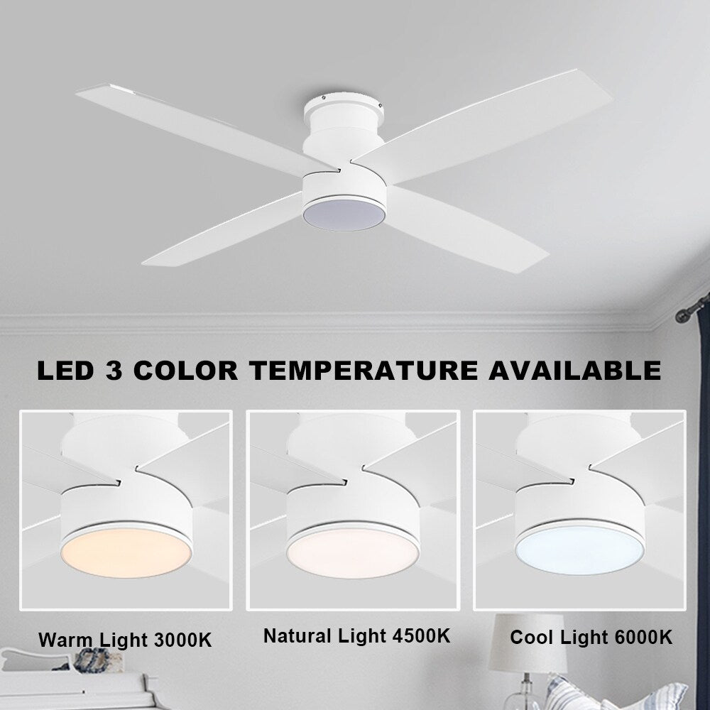 Ventilateur de plafond encastré WINGBO 44/52 pouces avec éclairage et télécommande, 4 pales réversibles