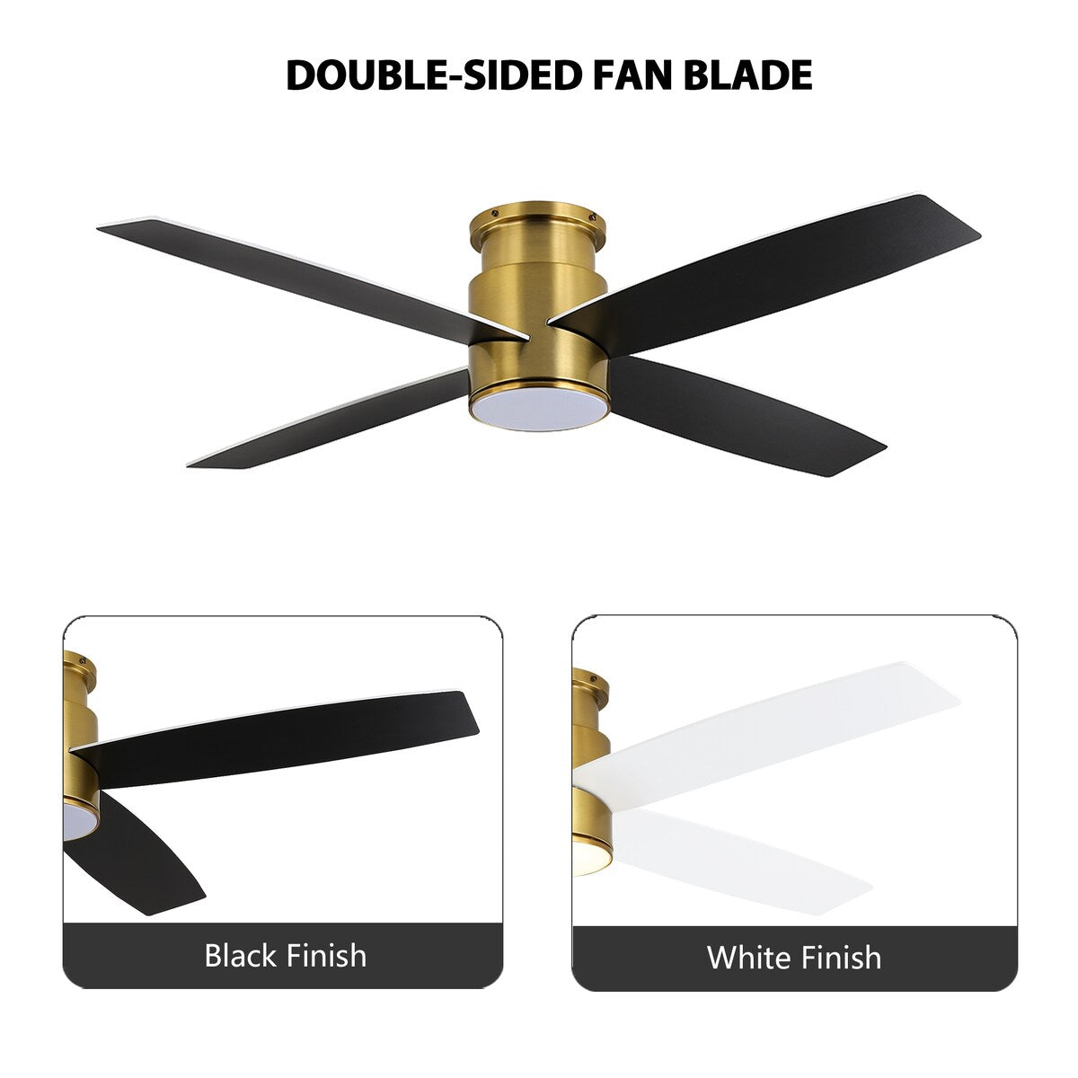 Ventilateur de plafond encastré WINGBO 44/52 pouces avec éclairage et télécommande, 4 pales réversibles