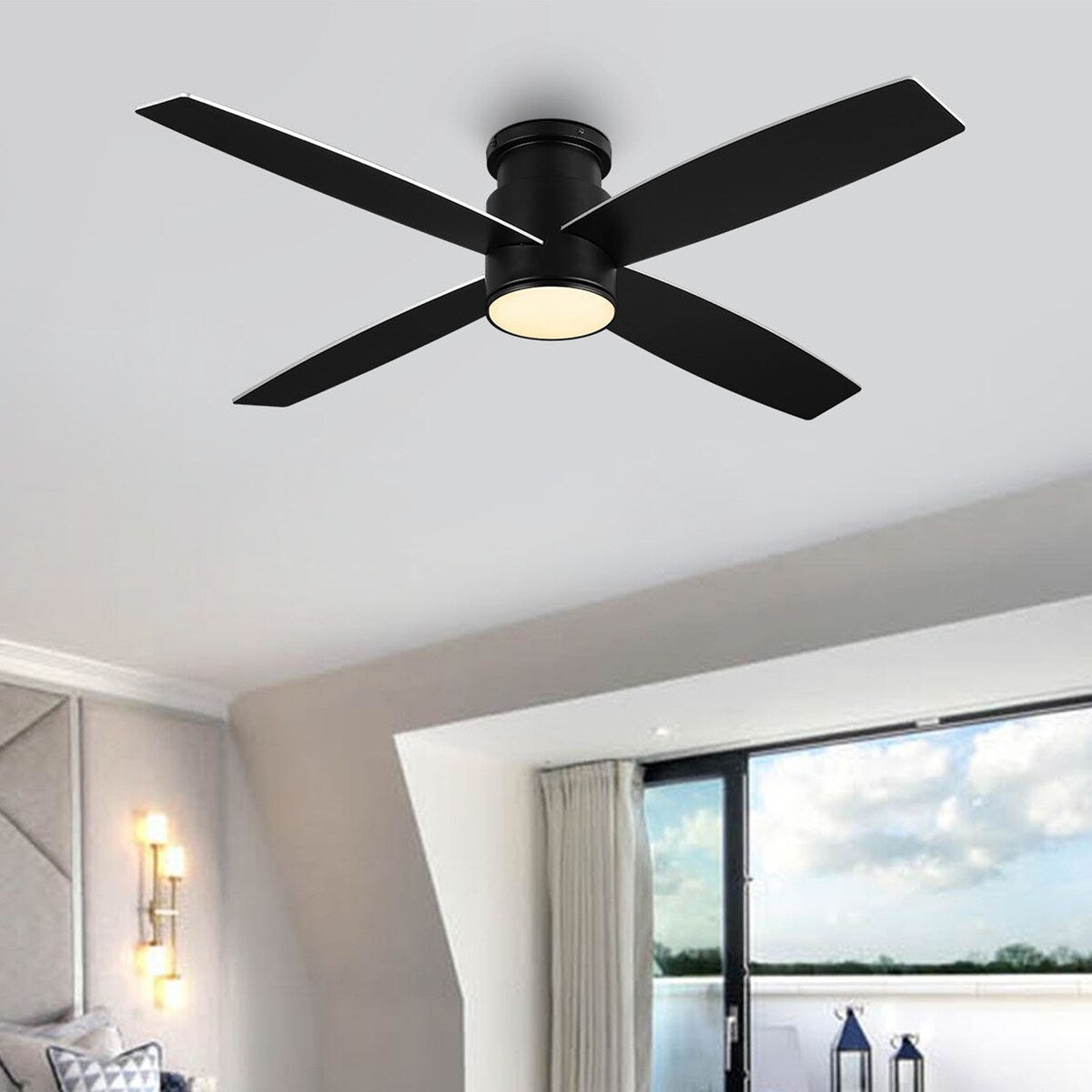 Ventilateur de plafond encastré WINGBO 44/52 pouces avec éclairage et télécommande, 4 pales réversibles