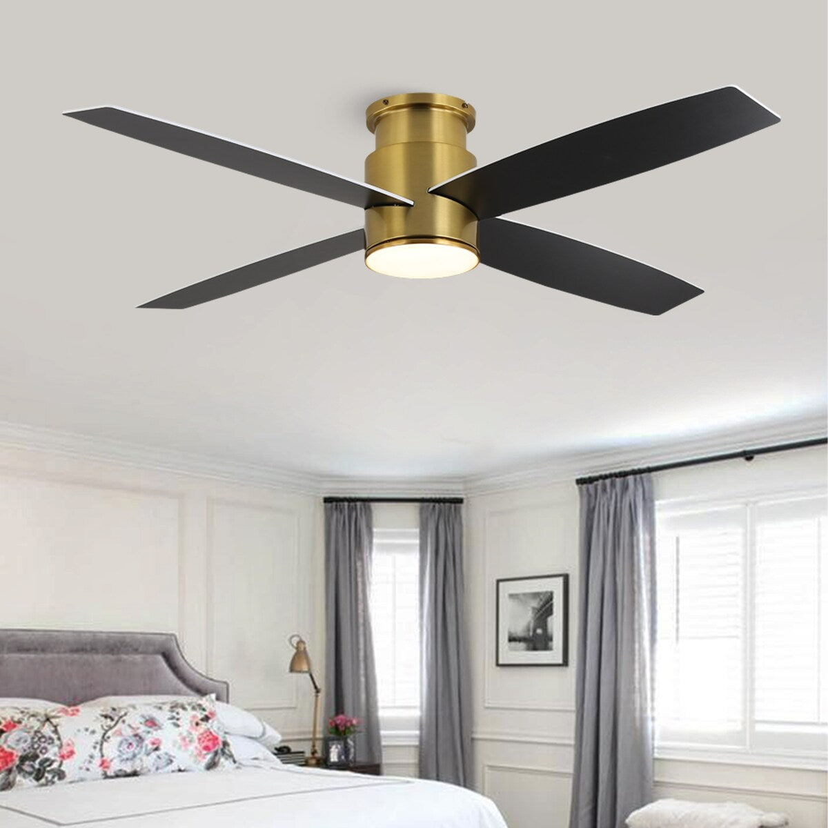 Ventilateur de plafond encastré WINGBO 44/52 pouces avec éclairage et télécommande, 4 pales réversibles