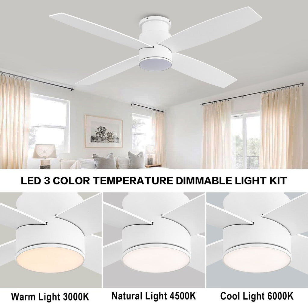 Ventilateur de plafond encastré WINGBO 44/52 pouces avec éclairage et télécommande, 4 pales réversibles