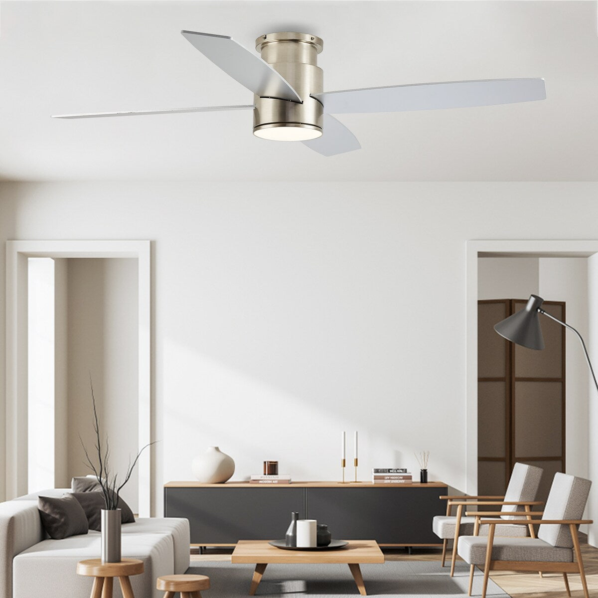 Ventilateur de plafond encastré WINGBO 44/52 pouces avec éclairage et télécommande, 4 pales réversibles