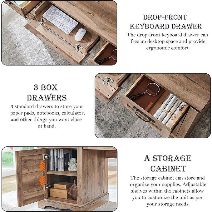 Bureau exécutif Farmhouse 60, bureau en bois pour la maison, bureau d'ordinateur