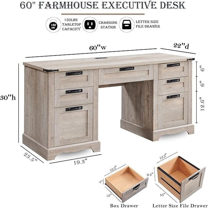 Bureau exécutif Farmhouse 60, bureau en bois pour la maison, bureau d'ordinateur