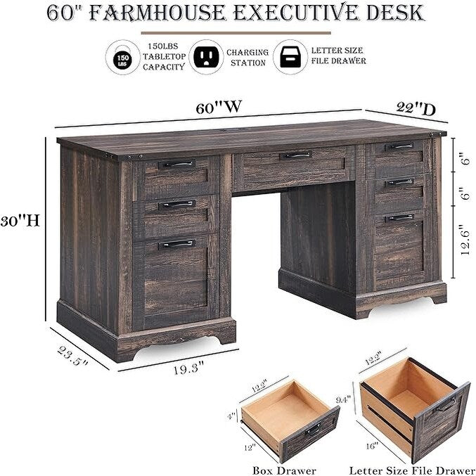 Bureau exécutif Farmhouse 60, bureau en bois pour la maison, bureau d'ordinateur