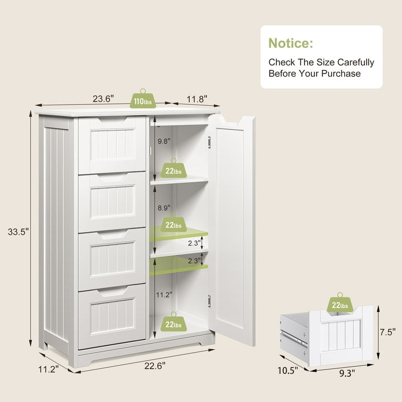 Meuble de rangement de salle de bain, meuble de rangement de sol autonome avec 4 tiroirs et étagère réglable