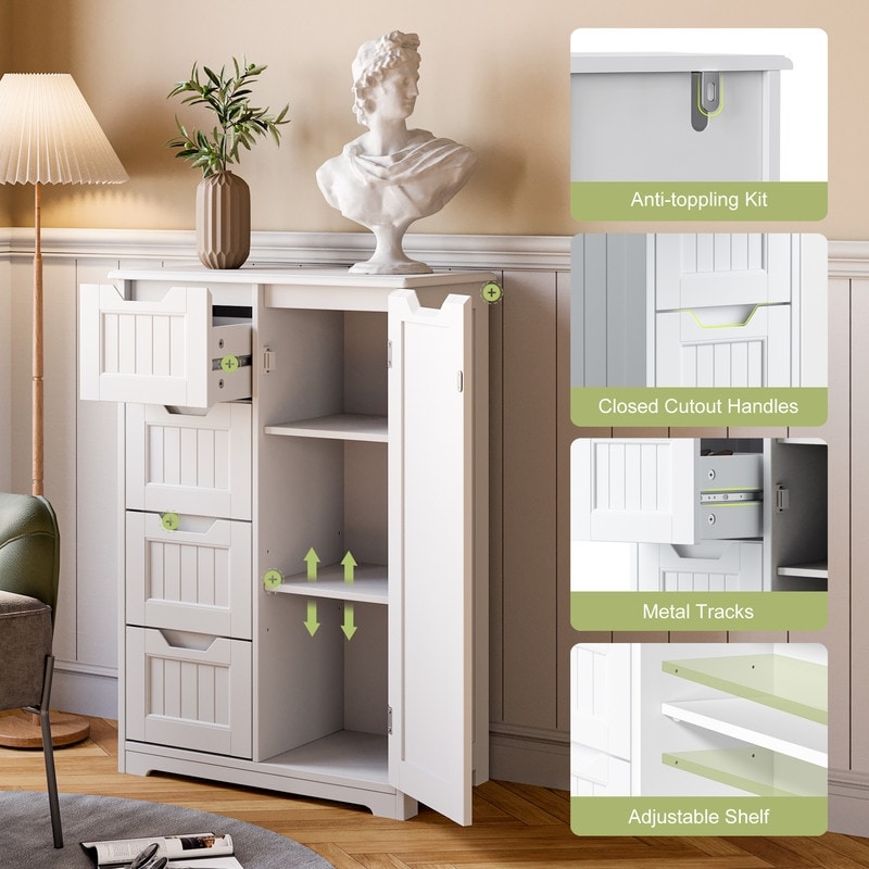 Meuble de rangement de salle de bain, meuble de rangement de sol autonome avec 4 tiroirs et étagère réglable