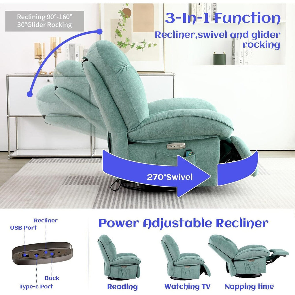 Fauteuil inclinable pivotant électrique XINMICS, fauteuils inclinables à bascule massants avec chauffage, USB, USB-C et poche latérale