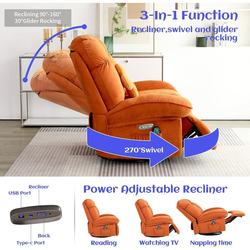 Fauteuil inclinable pivotant électrique XINMICS, fauteuils inclinables à bascule massants avec chauffage, USB, USB-C et poche latérale