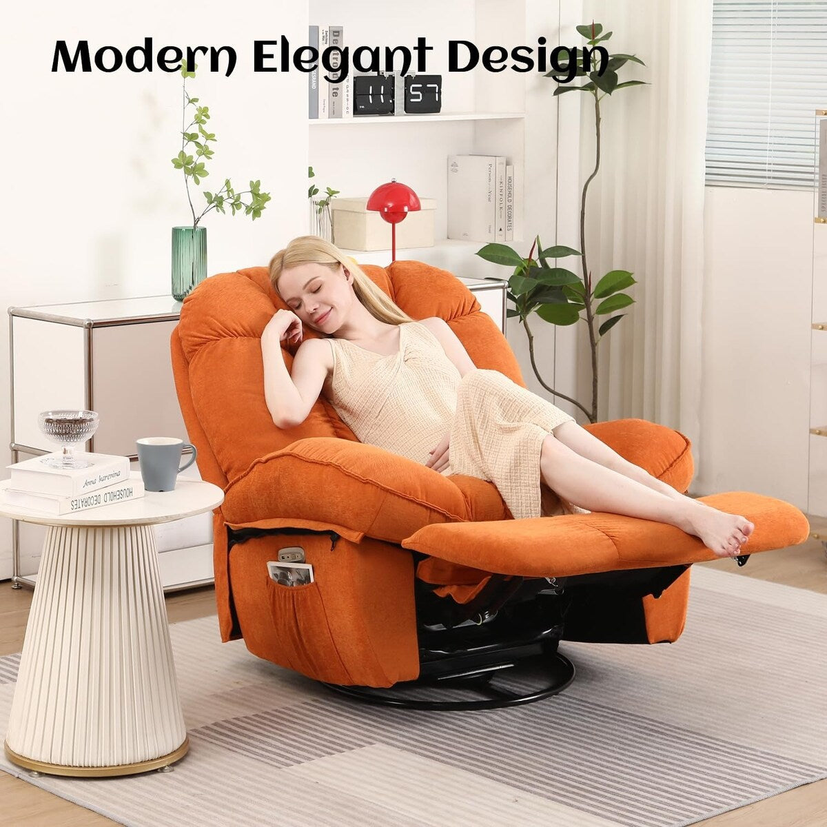 Fauteuil inclinable pivotant électrique XINMICS, fauteuils inclinables à bascule massants avec chauffage, USB, USB-C et poche latérale